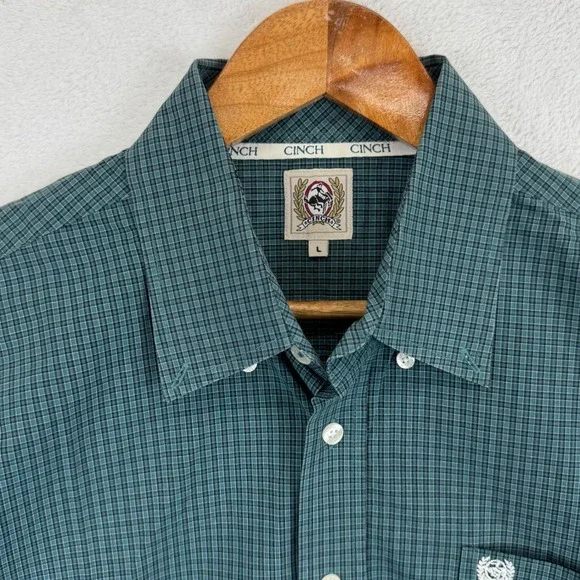 Cinch Mens Long Sleeve Button Down Plaid Shirt Green Black Size L‎ - Picture 3 of 8